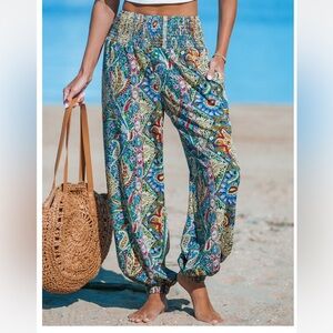 Paisley Smocked Waist Tapered Leg Pants